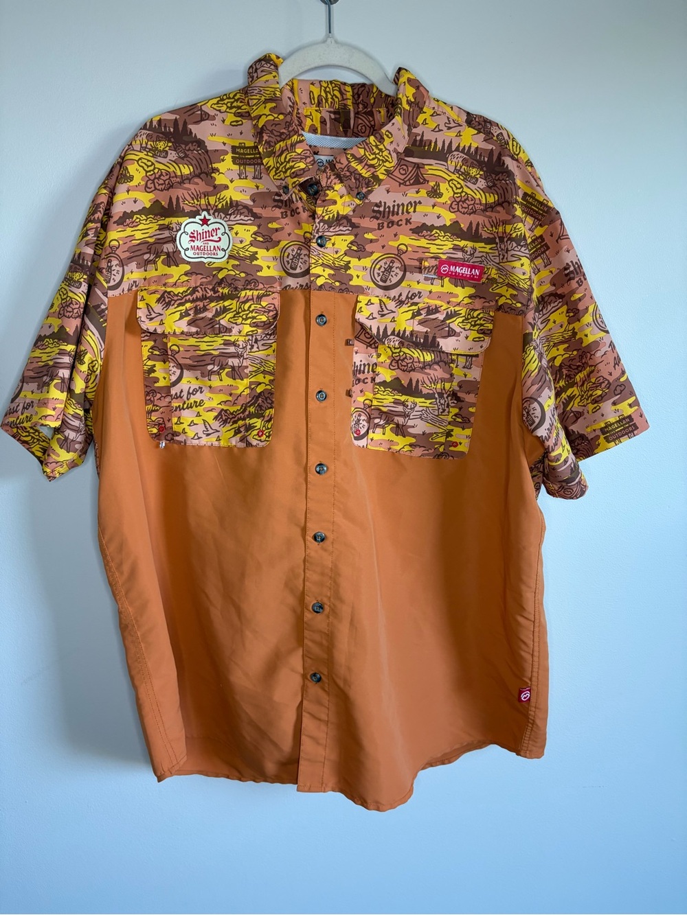 Magellan Outdoors Shiner Bock Beer Fishing Shirt Mens 2XL Short Sleeve Camo - Picture 5 of 12